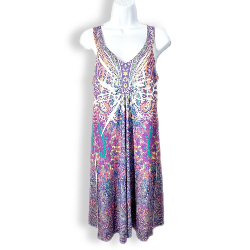 Kiana Sleeveless Purple Boho Print Cut Detail Lounge Dress Womens Size Medium